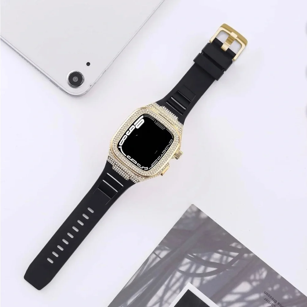 Gold and Black Smartwatch Case with Crystal Accents